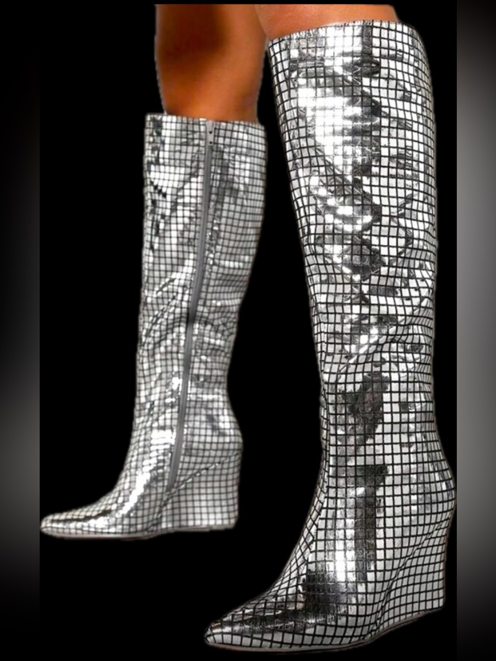 New Silver Black metallic over the knee high heels boots zippered Shein platform